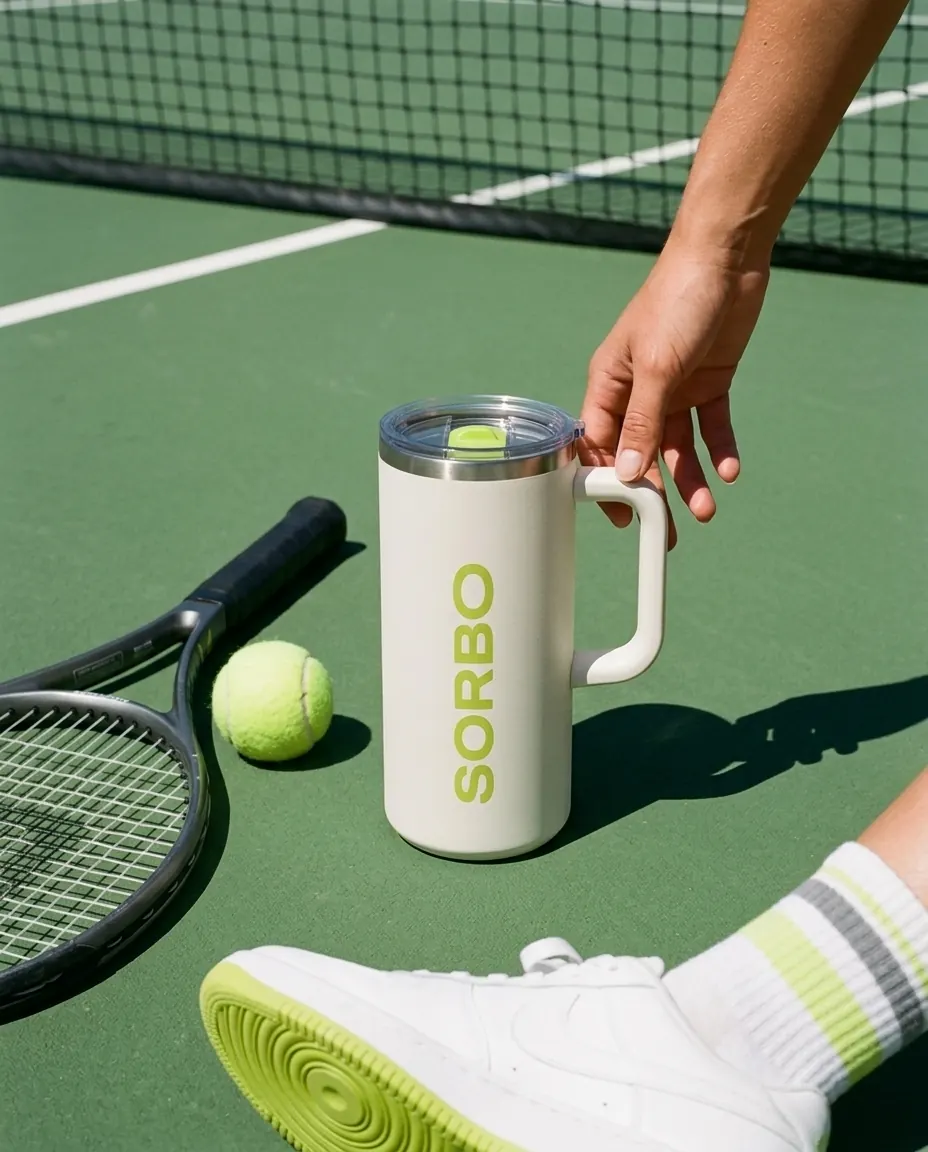 Photo by L’Evocative Labs: the SORBO travel mug next to a tennis racket